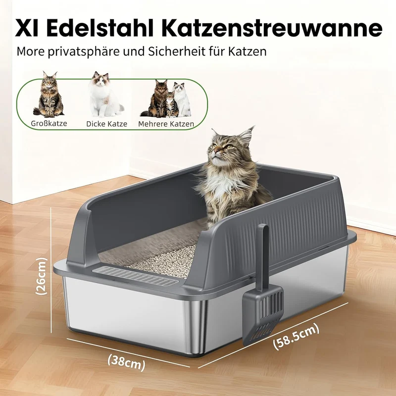Edelstahl Offene Katzentoilette – extra grosse Katzentoilette mit hohen Seitenwänden für grosse Katz
