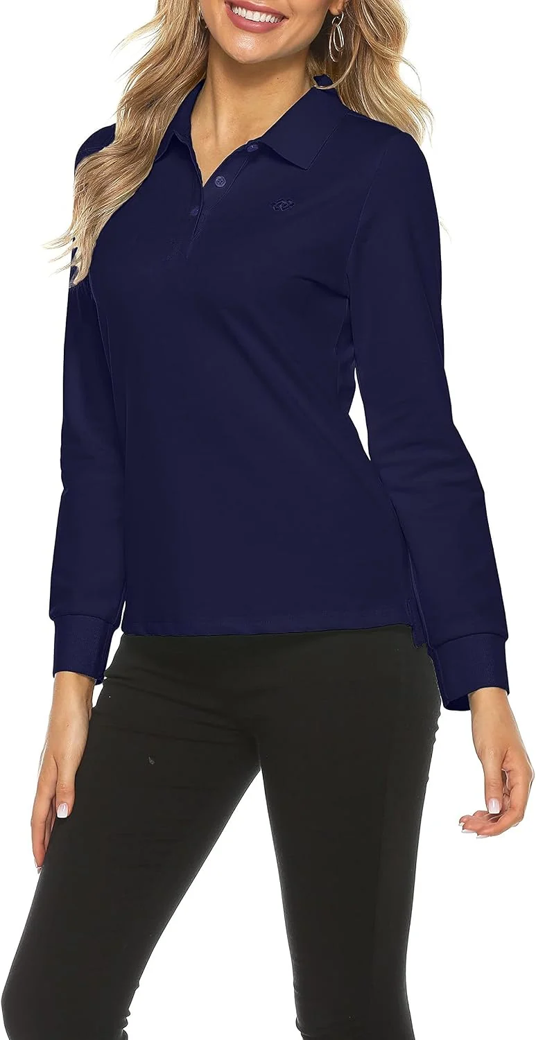 Damen Poloshirt Baumwolle Golf Wintershirt Langarm Oberteile Sports Training Polo mit Kragen Juwel B