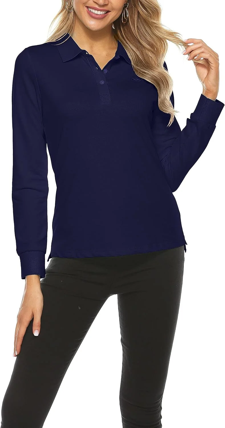 Damen Poloshirt Baumwolle Golf Wintershirt Langarm Oberteile Sports Training Polo mit Kragen Juwel B