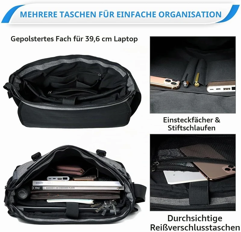 VASCHY Umhängetaschen Herren, Wasserabweisend 15.6 Zoll Laptop Schultertasche Laptoptaschen mit Gepo