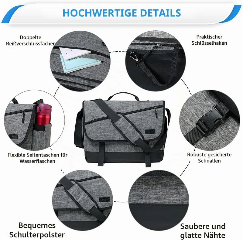 VASCHY Umhängetaschen Herren, Wasserabweisend 15.6 Zoll Laptop Schultertasche Laptoptaschen mit Gepo