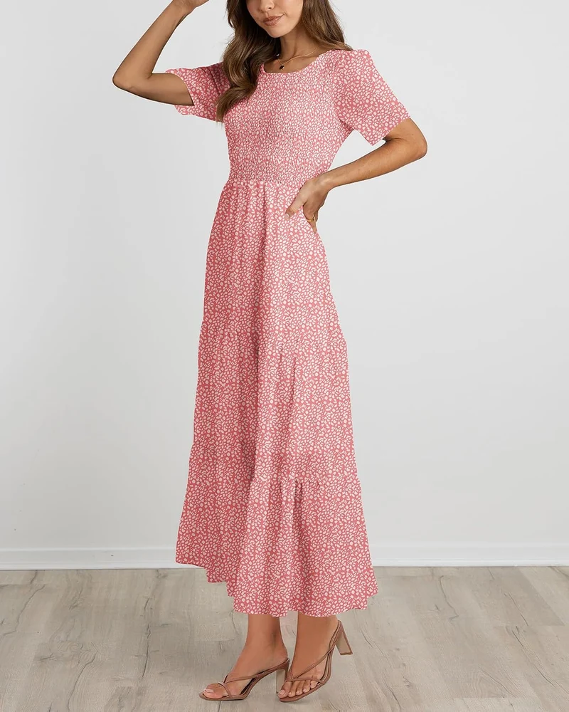 BTFBM Lässiges Sommerkleid für Damen, kurzärmelig, mit Rundhalsausschnitt, Boho-Stil, mit Blumendruc
