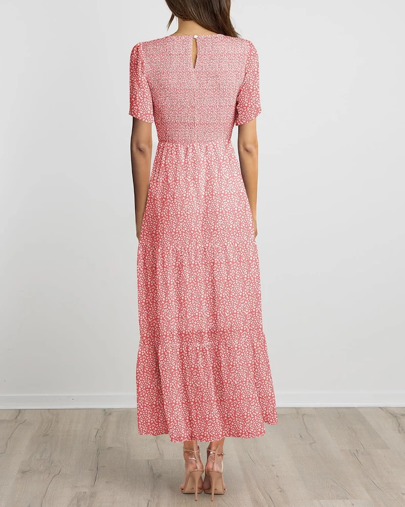 BTFBM Lässiges Sommerkleid für Damen, kurzärmelig, mit Rundhalsausschnitt, Boho-Stil, mit Blumendruc