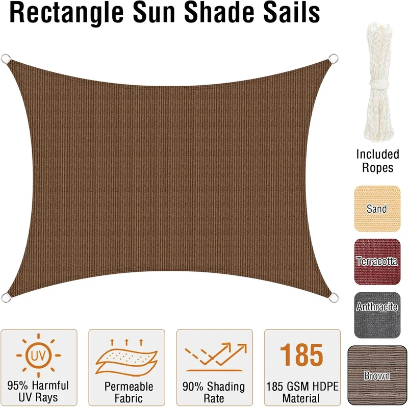 Duerer Sonnensegel 3.6x4.8m Rechteckig Sonnenschutz Garten Balkon und Terrasse, 95% UV Schutz, 185g/