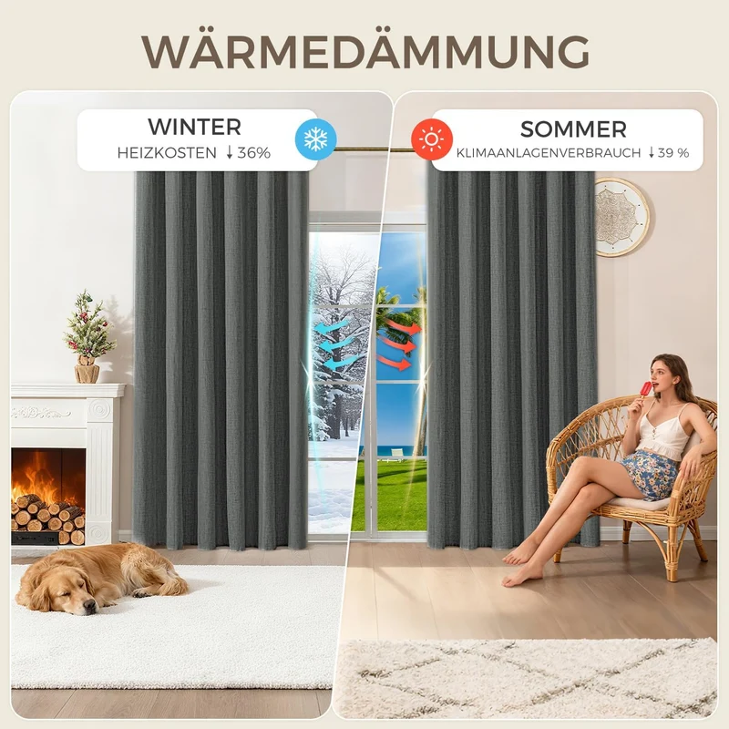 100% Verdunklungsvorhänge Thermovorhänge Kälteschutz Gardinen mit Kräuselband 140 x 120 cm (HxB) 2er