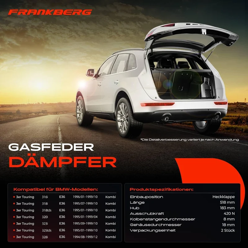 Frankberg 2x Gasfeder Dämpfer Heckklappe Kompatibel mit 3er Touring E36 316 318 320 323 325 328 Komb