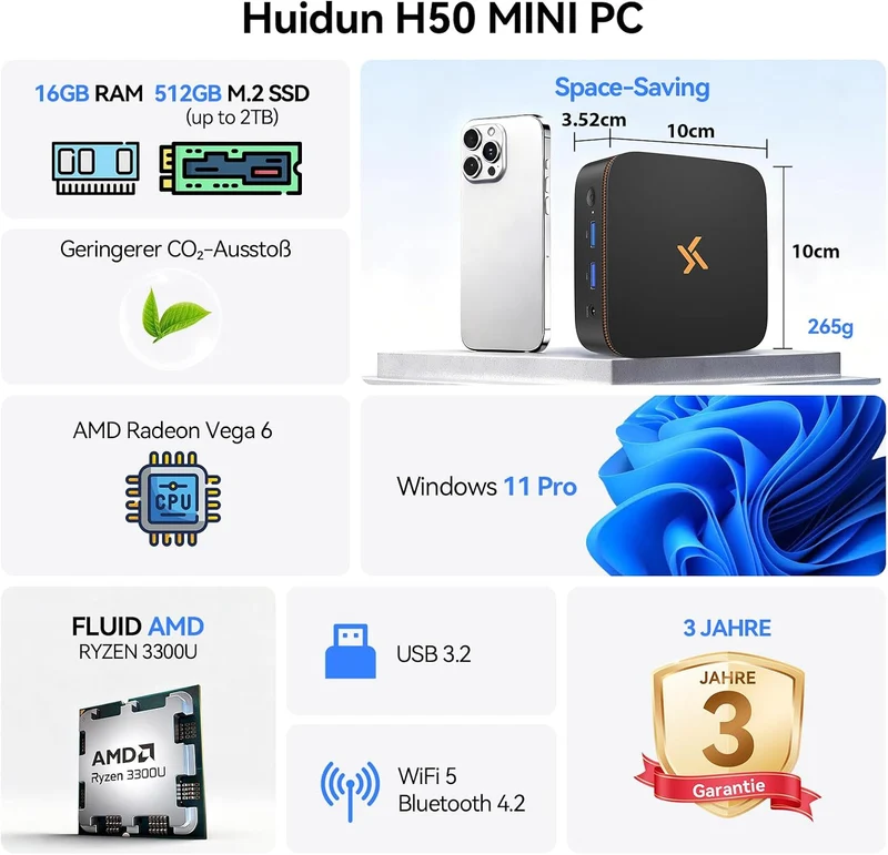 Huidun H50 Ryzen 3300U Mini PC Win 11 Pro(Bis zu 3.5GHz), 16GB DDR4 512GB SSD, USB3.2/Dual WiFi/DP+H