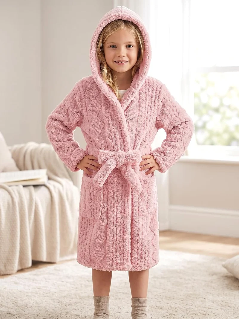 JiAmy Kinder Bademantel mit Kapuze Fleece Morgenmantel für Jungen Mädchen Rosa 10-12 Jahre, Rosa 10-