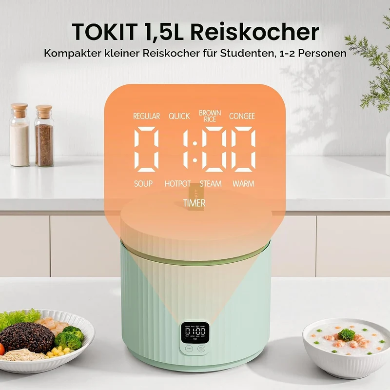TOKIT Reiskocher 1.5L Mini Elektrische Reis Kocher, Multifunktionskocher mit Keramik Antihaftbeschic