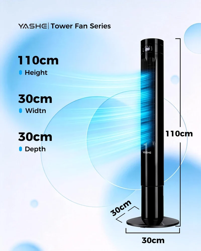YASHE Leiser Turmventilator 110 cm mit Fernbedienung, 28 dB Säulenventilator ohne Flügel, 85° Oszill