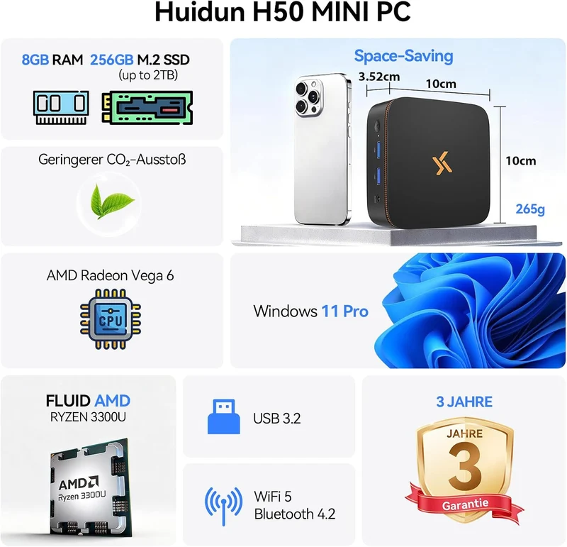 Huidun H50 AMD Ryzen, Radeon Vega 6 Mini PC(Besser als N95/N100/4300U), 8GB DDR4 256GB SSD, Win 11 p