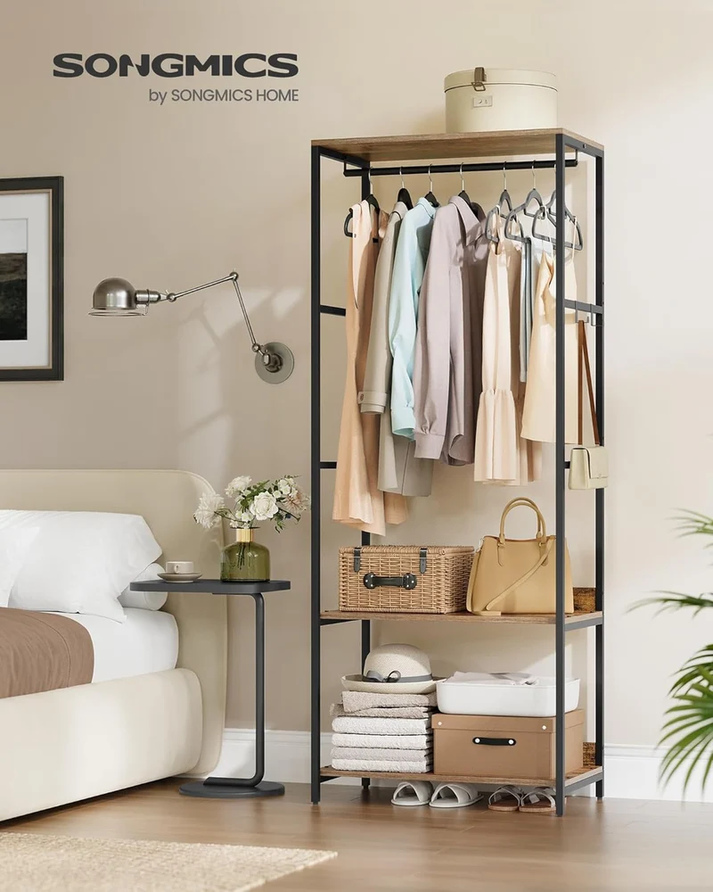SONGMICS Kleiderschrank offen, Kleiderständer, Garderobenständer, Garderobe mit Kleiderstange, Ablag