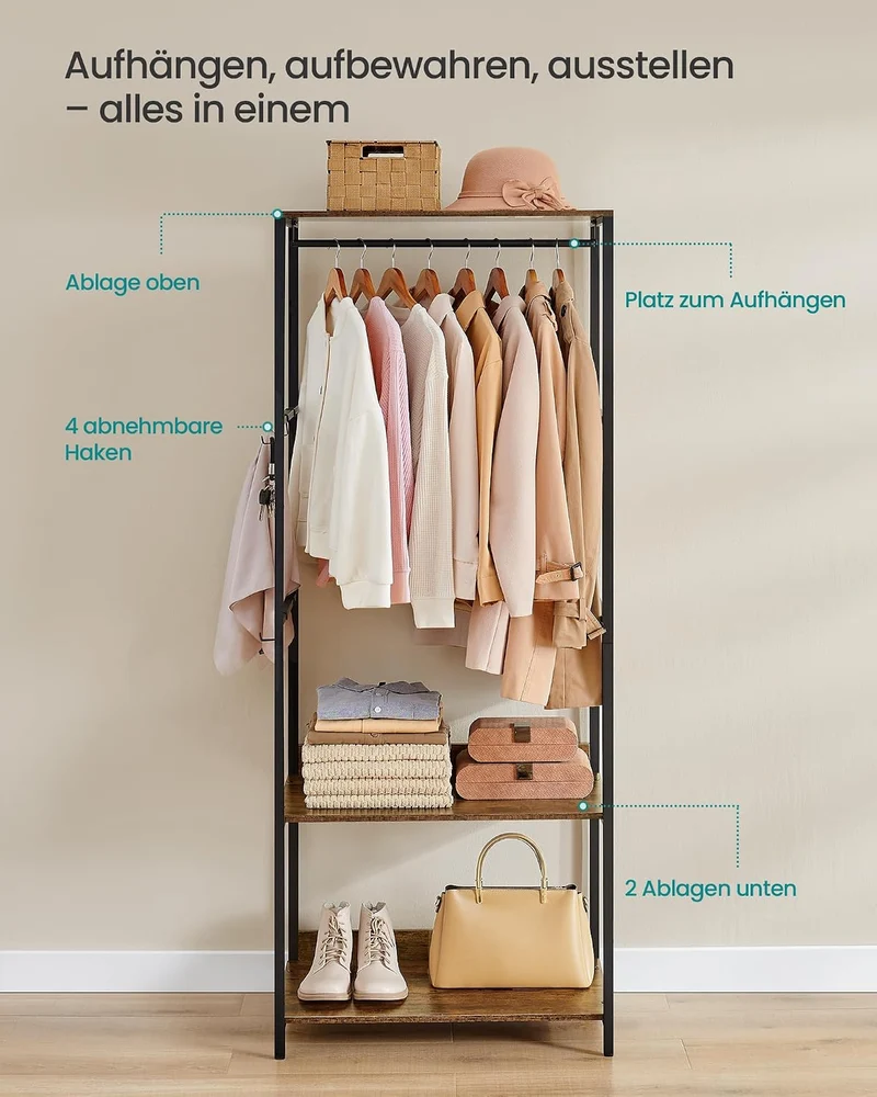 SONGMICS Kleiderschrank offen, Kleiderständer, Garderobenständer, Garderobe mit Kleiderstange, Ablag