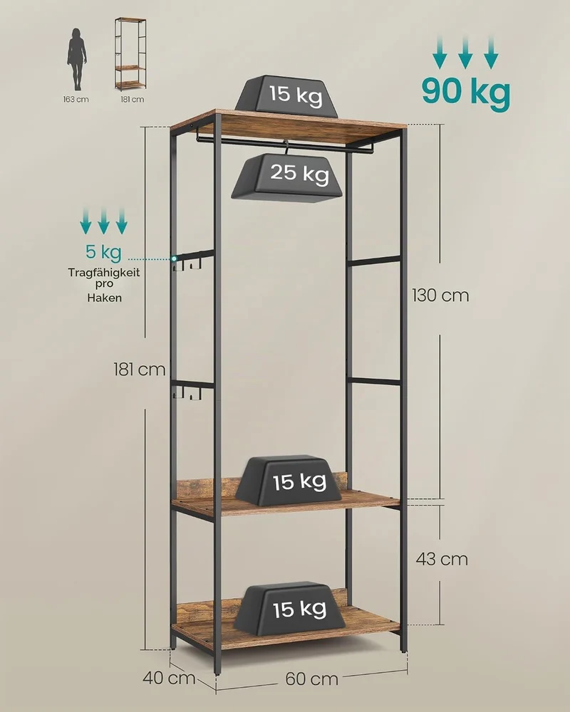 SONGMICS Kleiderschrank offen, Kleiderständer, Garderobenständer, Garderobe mit Kleiderstange, Ablag