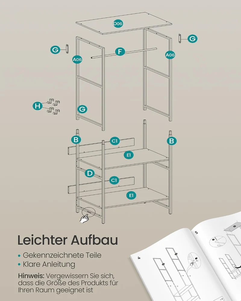 SONGMICS Kleiderschrank offen, Kleiderständer, Garderobenständer, Garderobe mit Kleiderstange, Ablag