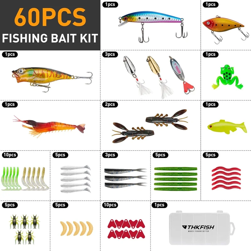 THKFISH Angelwerkzeug-Set, Rucksack und Köderbox mit Ködern, Haken, Sinker-Zubehör-Set, Zange, Fisch