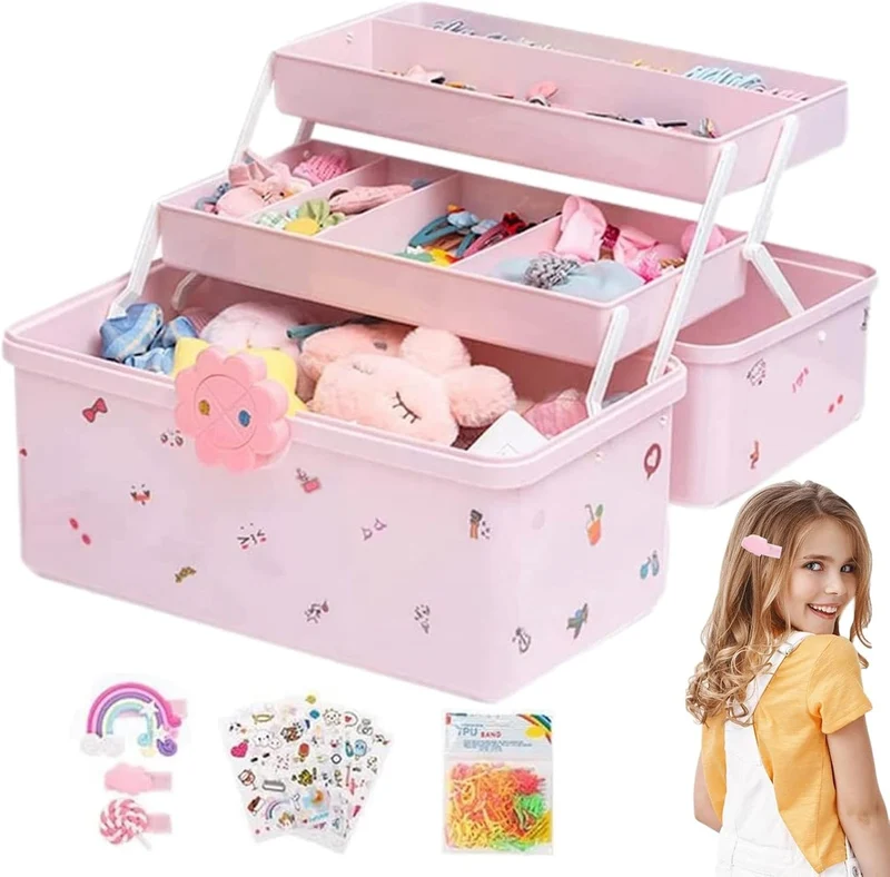 3 Etagen Aufbewahrungsbox Haarschmuck Mädchen, 23x34x19cm Schmuckschatulle Kinder, Plastik Schmuckkä