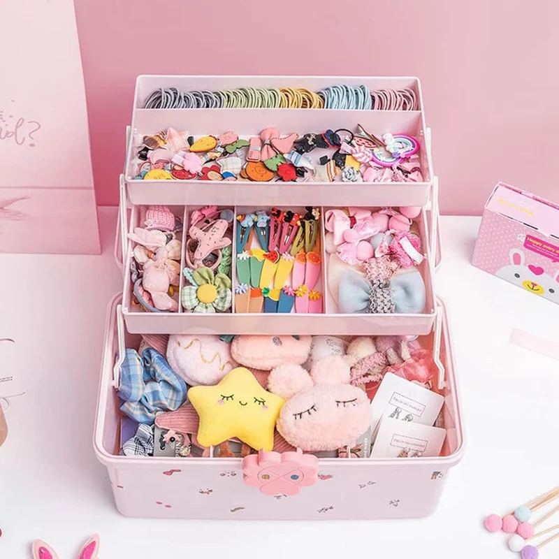 3 Etagen Aufbewahrungsbox Haarschmuck Mädchen, 23x34x19cm Schmuckschatulle Kinder, Plastik Schmuckkä