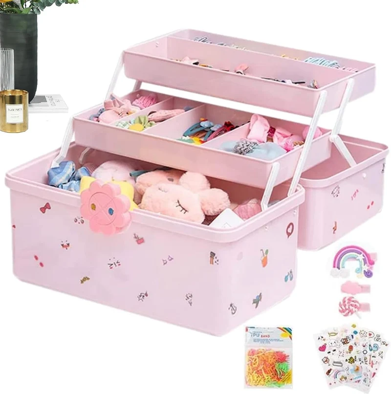 3 Etagen Aufbewahrungsbox Haarschmuck Mädchen, 23x34x19cm Schmuckschatulle Kinder, Plastik Schmuckkä