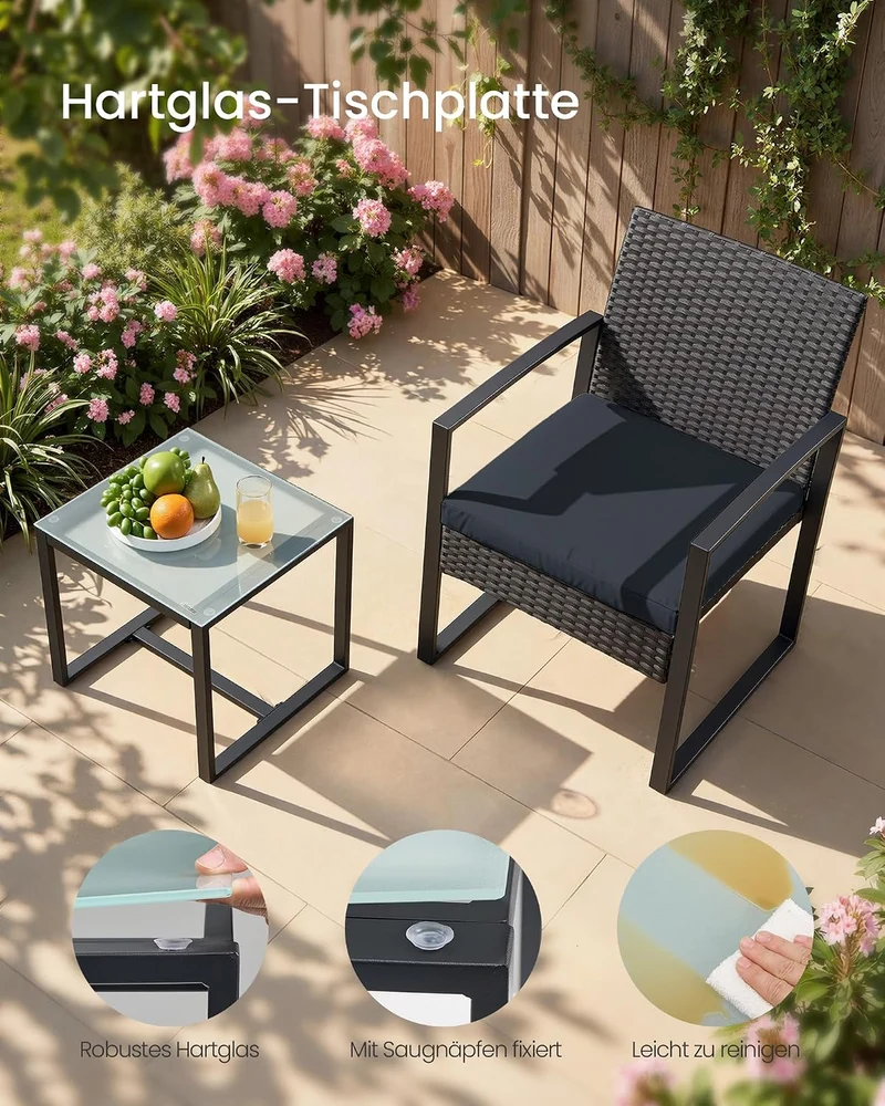 SONGMICS Balkonmöbel, Gartenmöbel-Set, aus PE-Polyrattan, Lounge-Set, Tisch und 2 Stühle, Terrassenm