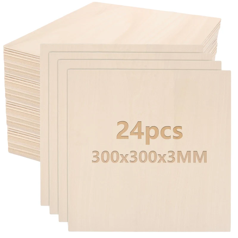 CYEER 24 Stück Sperrholzplatte 3mm, 300x300mm Lindenholz Platten zum Basteln, Bastelholz für Lasersc
