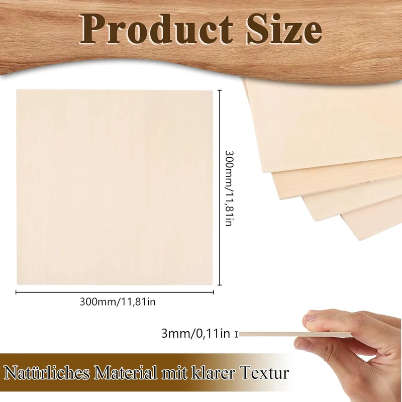 CYEER 24 Stück Sperrholzplatte 3mm, 300x300mm Lindenholz Platten zum Basteln, Bastelholz für Lasersc