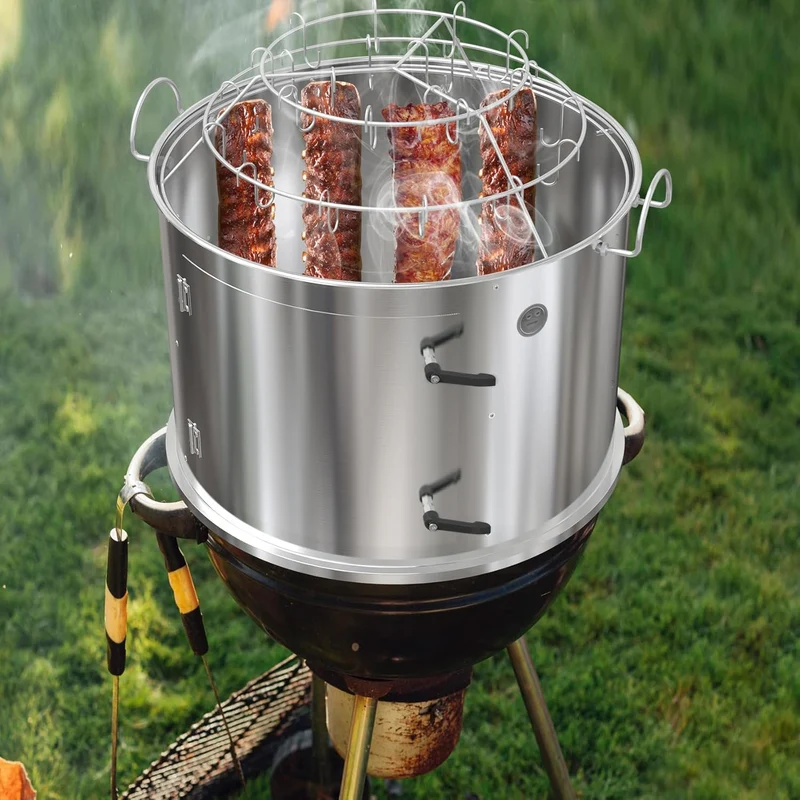 onlyfire Edelstahl Grillspiess Set und Edelstahl Räucherkammer Mittelkochsystem für Weber 57cm Kugel