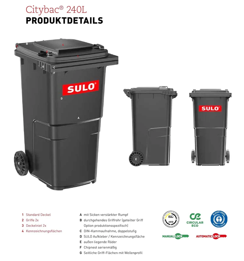 plasteo/SULO CITYBAC 2X 240 Liter Mülltonnen | Blau+Gelb | MGB240 Müllbehälter Abfalltonne Made in G
