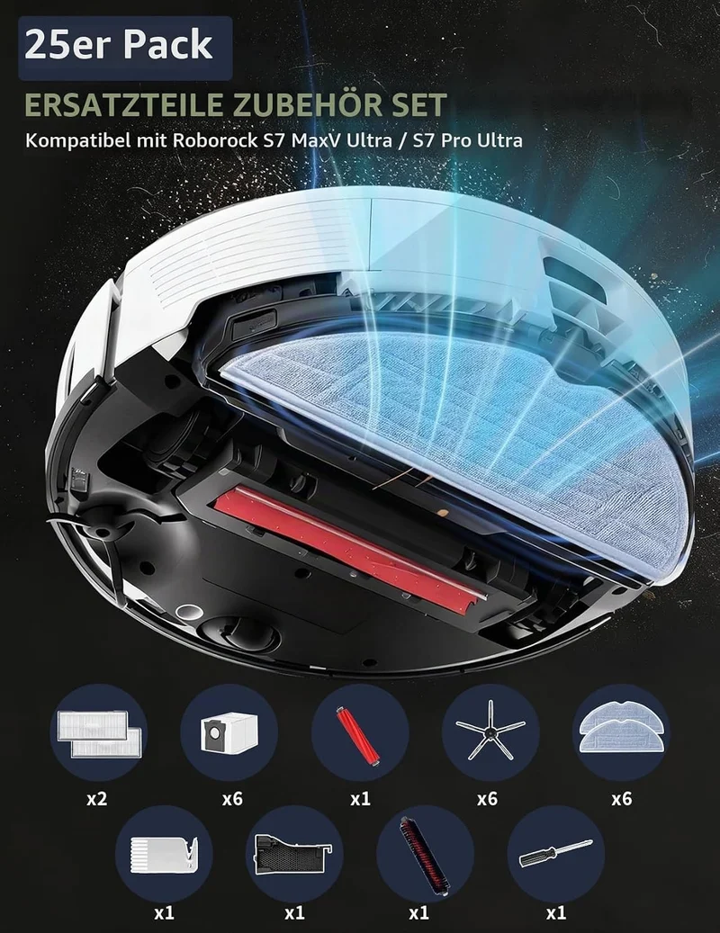 25 Stück Zubehör set für Roborock S7 MaxV Ultra/S7 Pro Ultra,mit Wasserfilter&Reinigungsbürste Assem