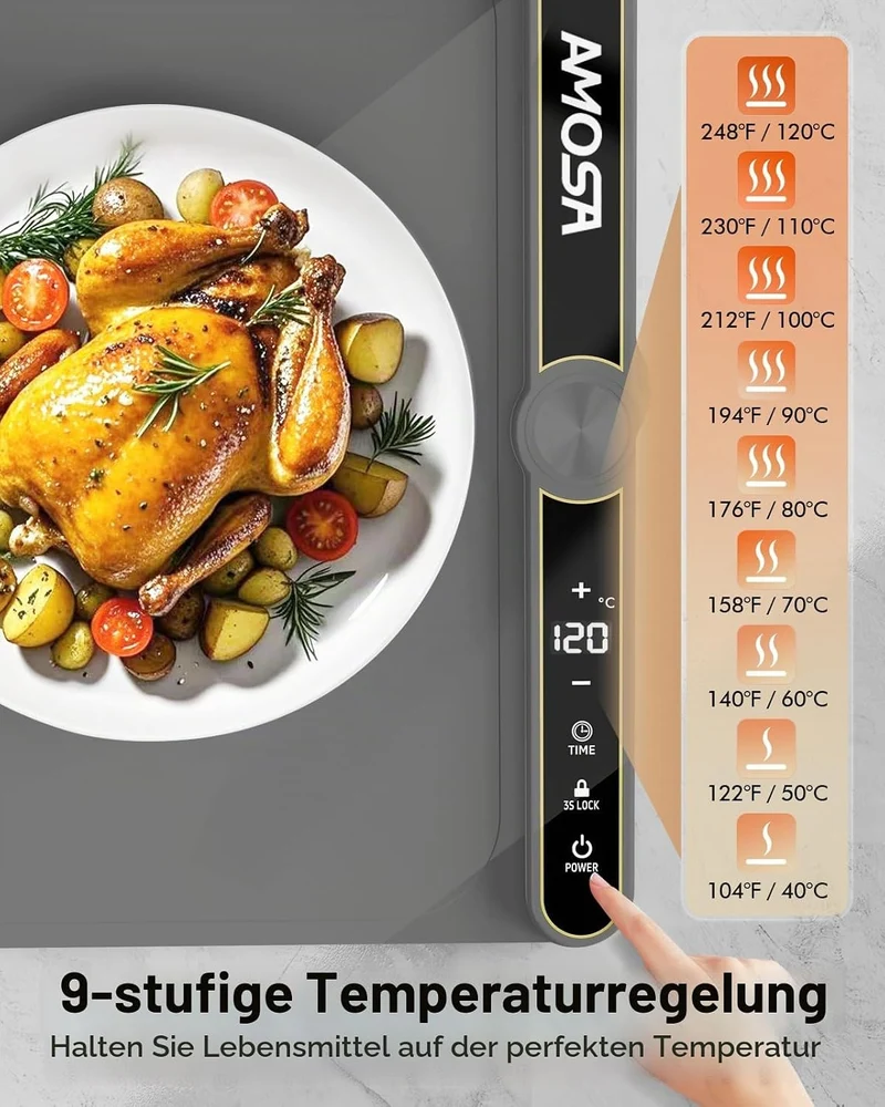 AMOSA Warmhaltematte für Speisen, Speisenwärmer mit 9 Einstellbaren Temperaturen & 6-Stunden-Timer,