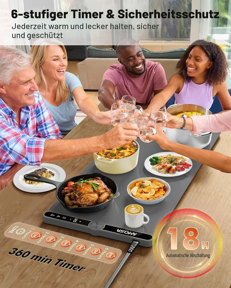 AMOSA Warmhaltematte für Speisen, Speisenwärmer mit 9 Einstellbaren Temperaturen & 6-Stunden-Timer,