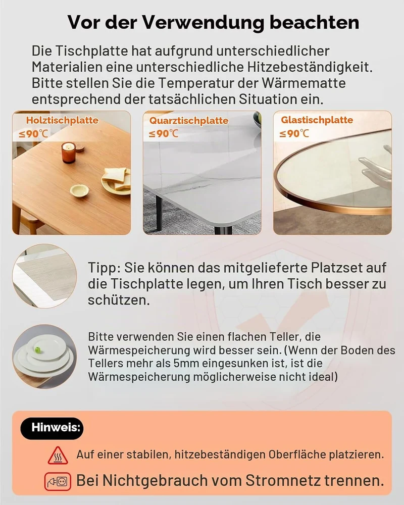 AMOSA Warmhaltematte für Speisen, Speisenwärmer mit 9 Einstellbaren Temperaturen & 6-Stunden-Timer,