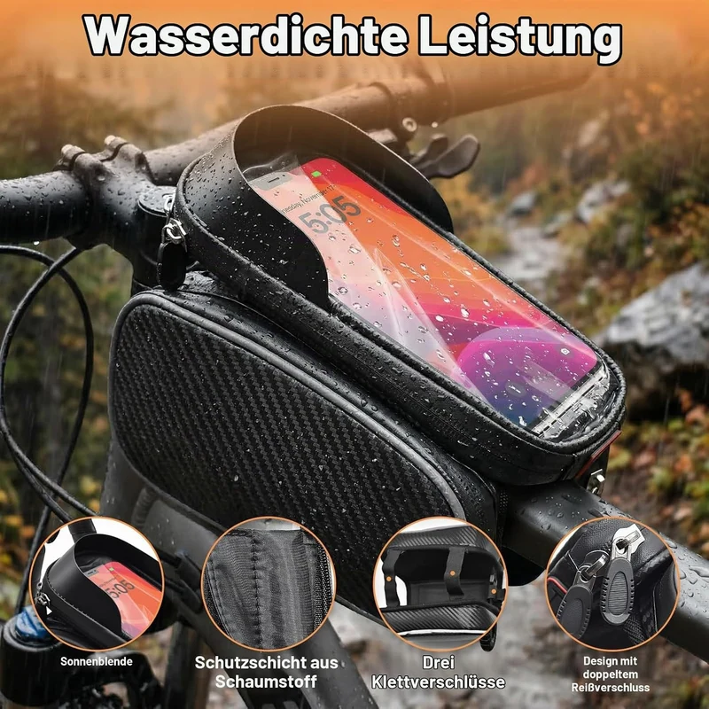 Lenkertasche Fahrrad, Wasserdicht Fahrrad Rahmentasche mit TPU Touchscreen Handytasche Oberrohrtasch