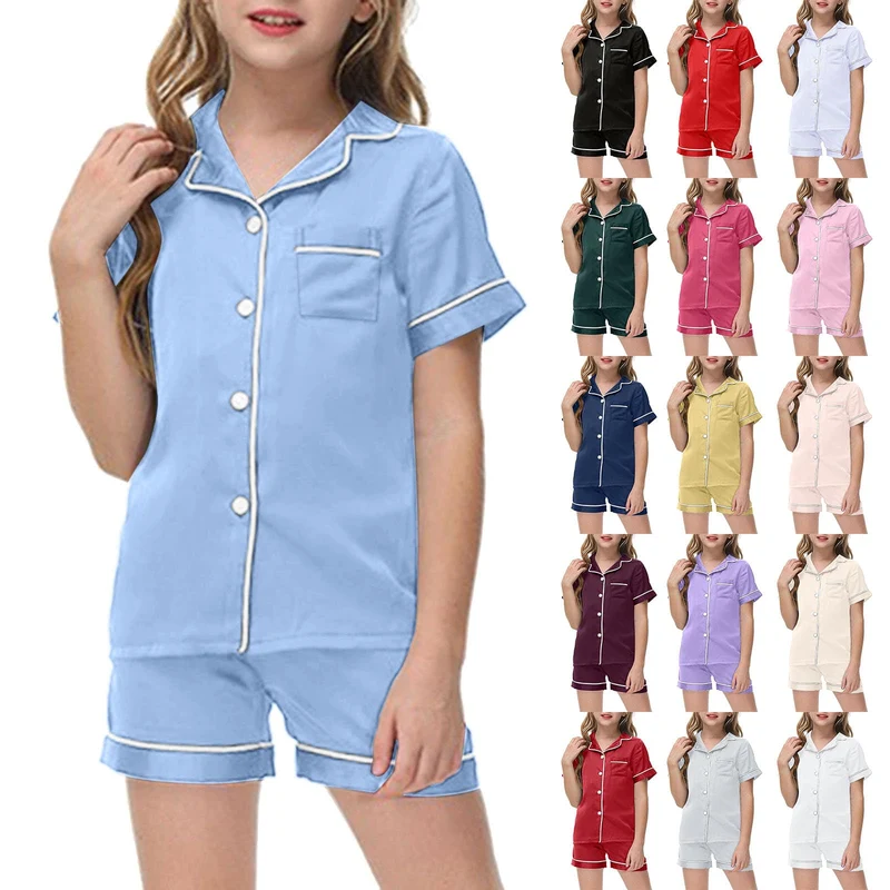 Schlafanzug Mädchen Kurz Satin Pyjama Kinder Schlafanzug Teenager Weiche Atmungsaktive Sommer Kurzar