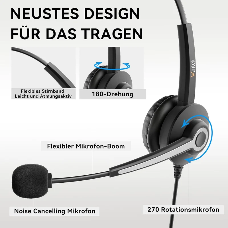 Wantek USB Headset mit Mikrofon für Laptop,PC kabelgebundene Kopfhörer mit USB-C Klinkenadapter,Laut