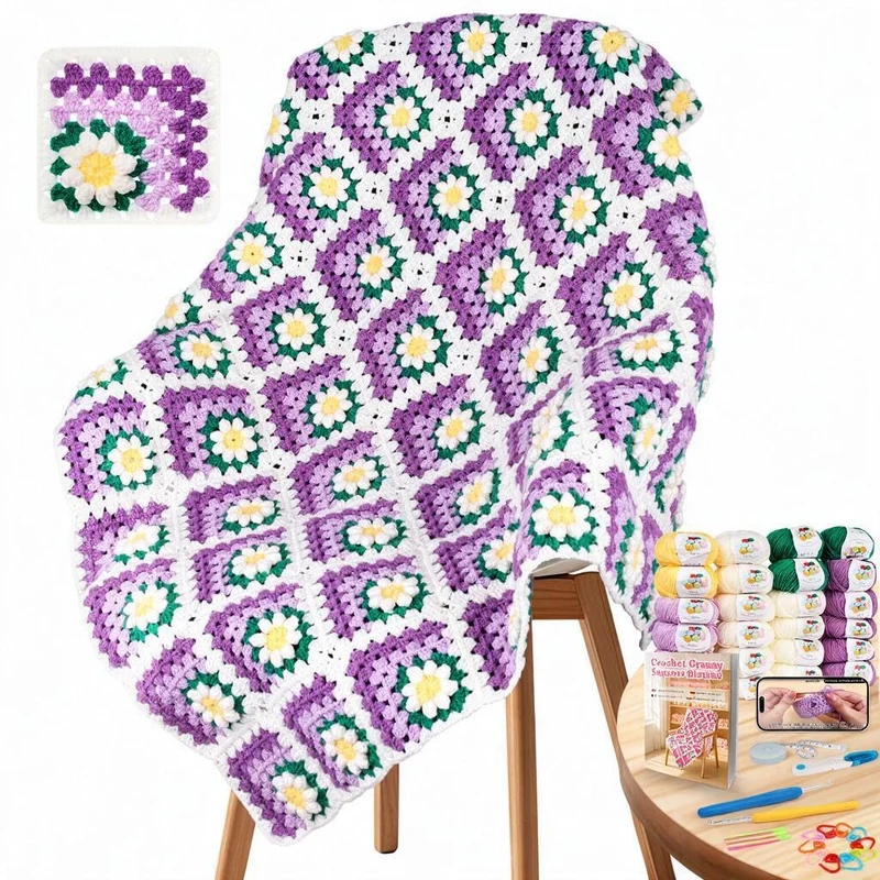 Coopay Granny Square Häkelset für Anfänger, Häkel Set für Gänseblümchen Decke 3D, Komplett Häkelset