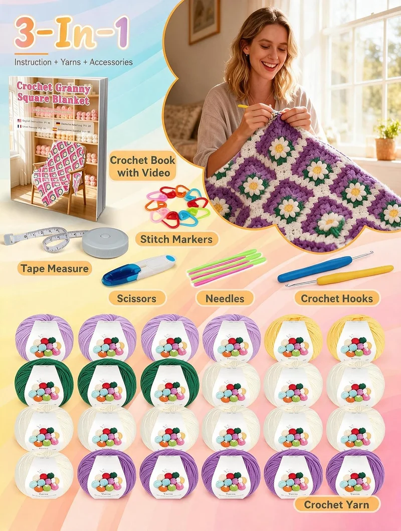 Coopay Granny Square Häkelset für Anfänger, Häkel Set für Gänseblümchen Decke 3D, Komplett Häkelset