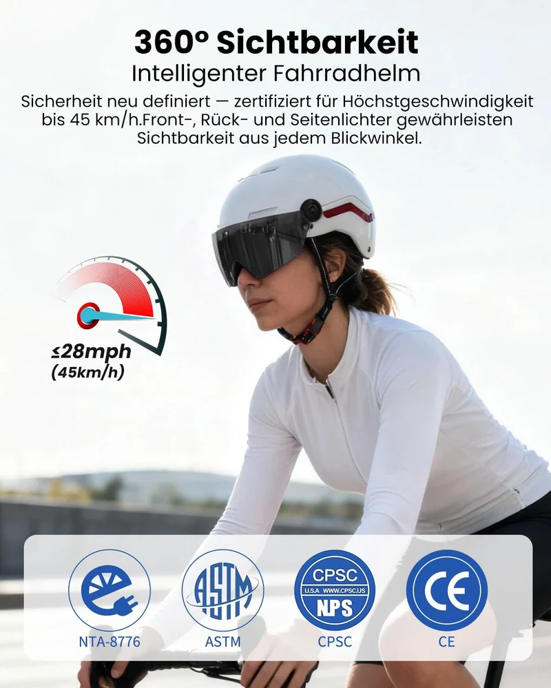 ILM Fahrradhelm Herren Damen mit Visier und LED Licht Beleuchtung Automatischem G-Sensor für Blinker