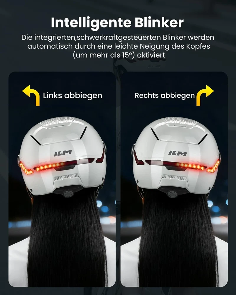 ILM Fahrradhelm Herren Damen mit Visier und LED Licht Beleuchtung Automatischem G-Sensor für Blinker