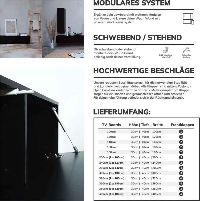 Wuun® TV Lowboard TV Board hängend I 100cm-280cm I Hängeschrank Wohnwand/Somero I Schwarz-Matt/Weiss