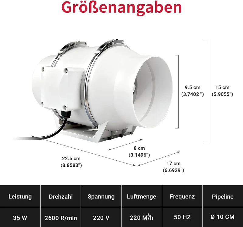 Rohrventilator 100mm, 220 m³/h, Rohrlüfter mit Stecker für Growzelt, Indoor, Gewächshaus, Hydrokultu