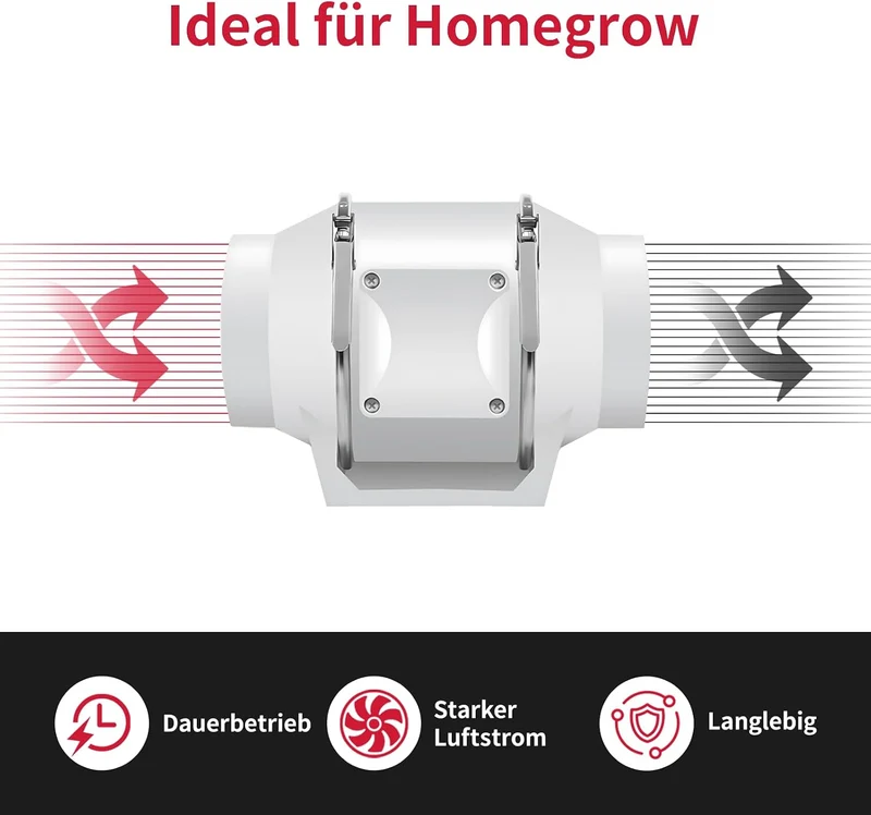 Rohrventilator 100mm, 220 m³/h, Rohrlüfter mit Stecker für Growzelt, Indoor, Gewächshaus, Hydrokultu