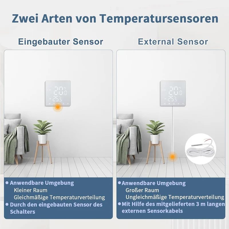 CNBINGO Smart Thermostat Unterputz mit Fühler, Digitaler Raumthermostat für Elektrische Heizung, kom