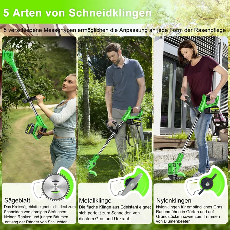 Akku Rasentrimmer mit Akku und Ladegerät, 3-in-1 Elektrischer Akku Freischneider & Rasentrimmer Rase