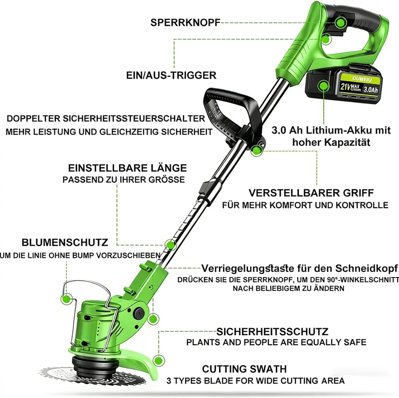 Akku Rasentrimmer mit Akku und Ladegerät, 3-in-1 Elektrischer Akku Freischneider & Rasentrimmer Rase