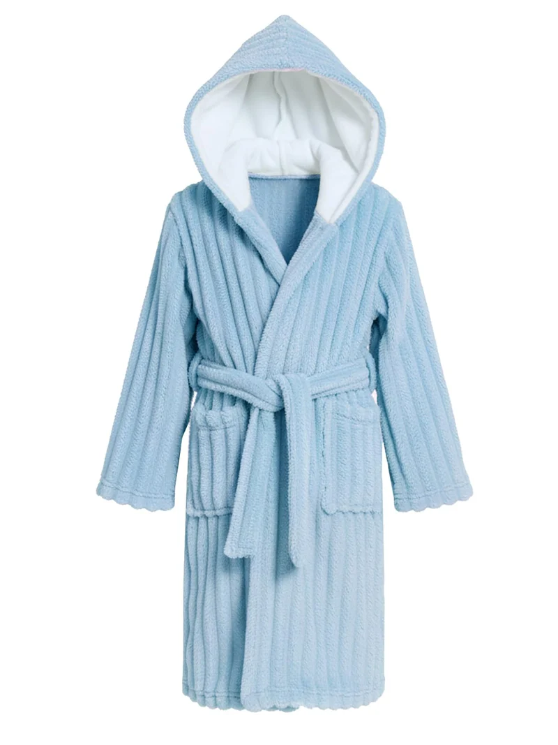 JiAmy Kapuzen Bademantel für Mädchen Flauschiger Fleece Plüsch Langer Schlafmantel Kinder Blau 7-9 J