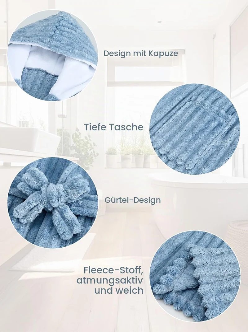 JiAmy Kapuzen Bademantel für Mädchen Flauschiger Fleece Plüsch Langer Schlafmantel Kinder Blau 7-9 J