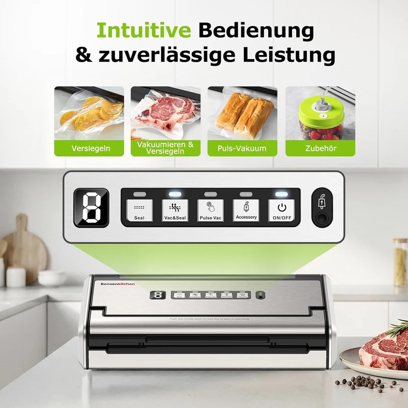 Bonsenkitchen Vakuumiergerät Edelstahl Lebensmittelversiegelung 5mm Breite Versiegelung Einhand-Bedi