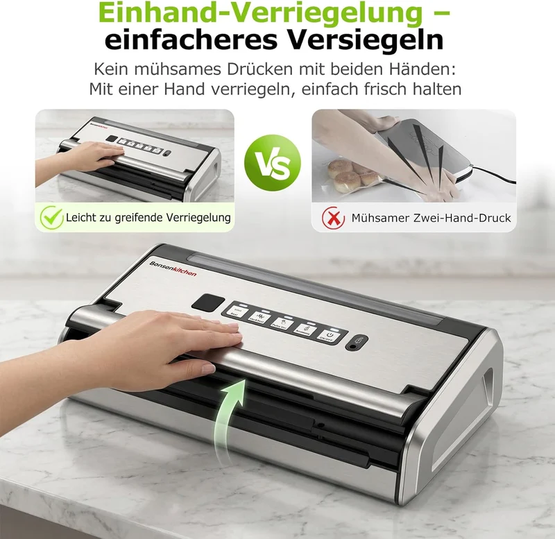 Bonsenkitchen Vakuumiergerät Edelstahl Lebensmittelversiegelung 5mm Breite Versiegelung Einhand-Bedi