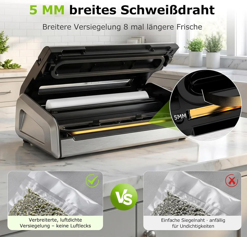 Bonsenkitchen Vakuumiergerät Edelstahl Lebensmittelversiegelung 5mm Breite Versiegelung Einhand-Bedi